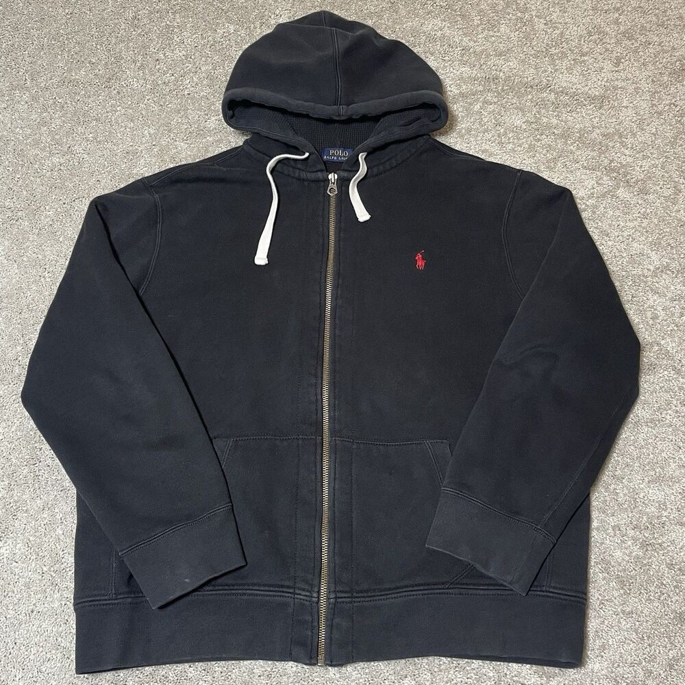 Polo Ralph Lauren Hoodie Mens XXL Black Full Zip Waffle Thermal Hood Jacket